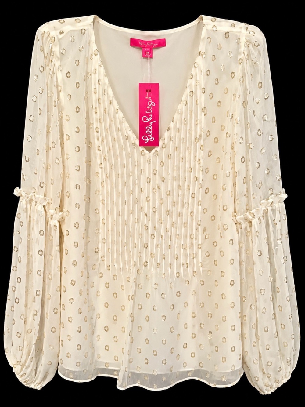 Lilly Pulitzer Cleme Blouse Ivory Viscose Gold Accents shear sleeves Size14 NWT